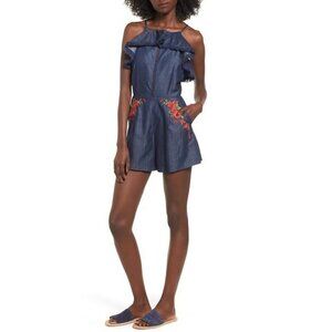 ♡ Moon River Floral Embroidered Denim Jean Romper